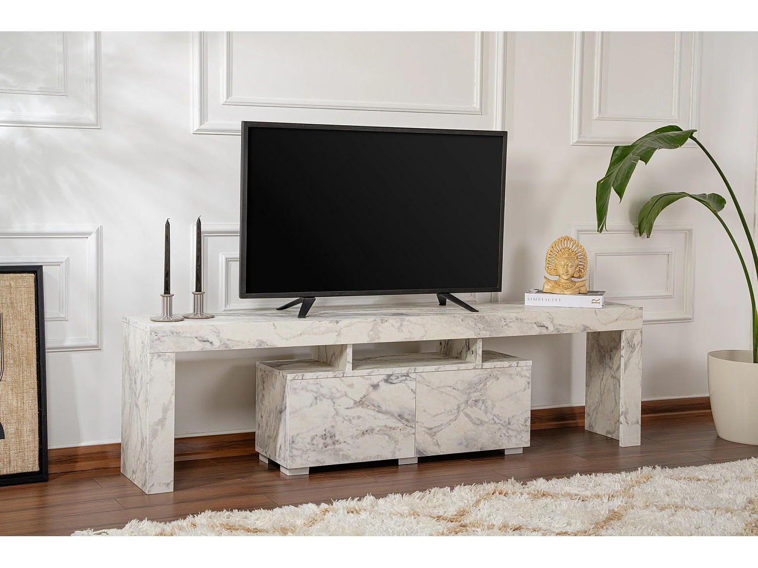 Meuble tv moderne 2 portes L180cm Diapazon Effet Marbre blanc