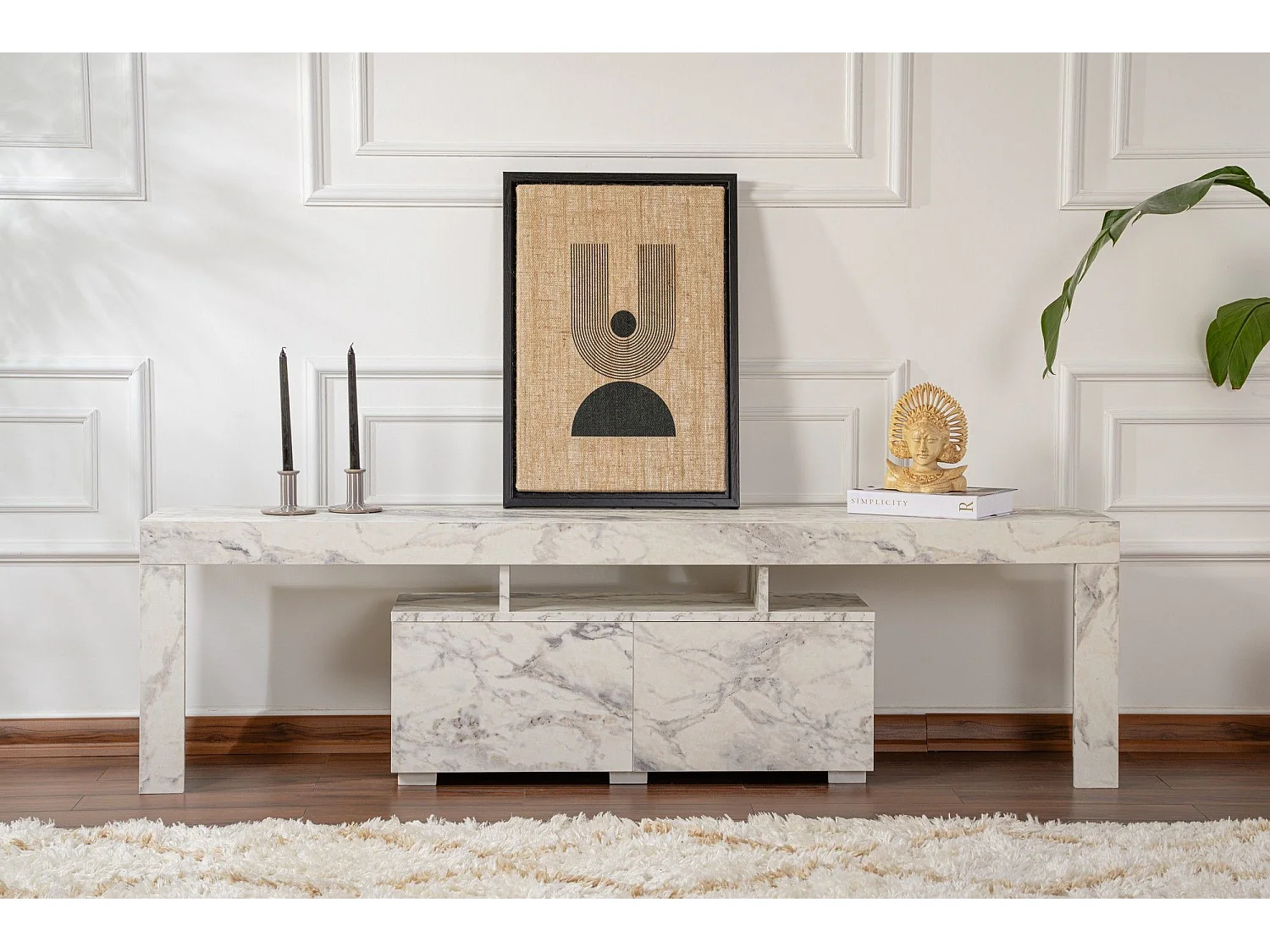 Meuble tv moderne 2 portes L180cm Diapazon Effet Marbre blanc