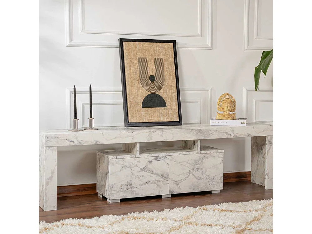 Meuble tv moderne 2 portes L180cm Diapazon Effet Marbre blanc