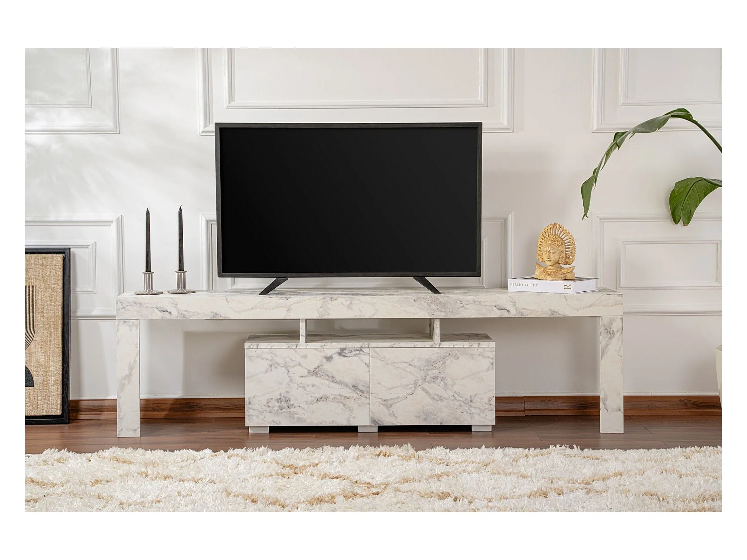 Meuble tv moderne 2 portes L180cm Diapazon Effet Marbre blanc