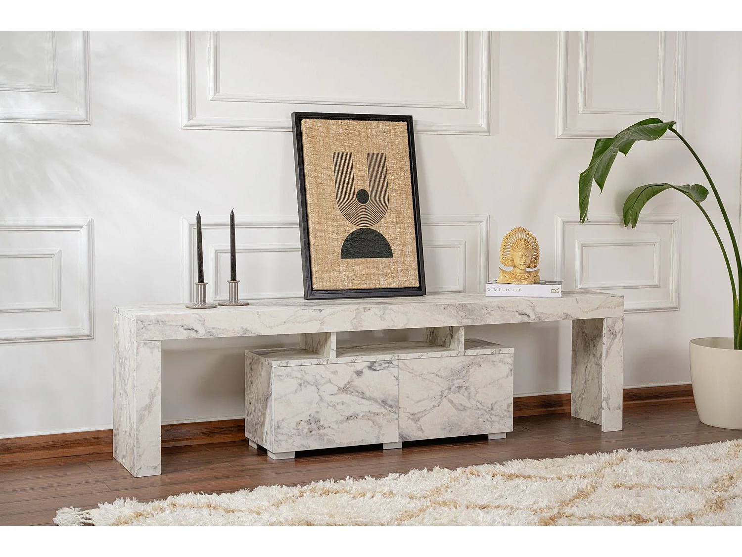 Meuble tv moderne 2 portes L180cm Diapazon Effet Marbre blanc