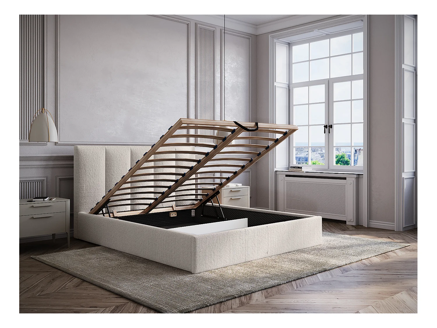 Bett mit Bettkasten & Kopfteil mit vertikalen Ziernähten + Matratze - 140 x 190 cm - Stoff - Beige - KILACLO