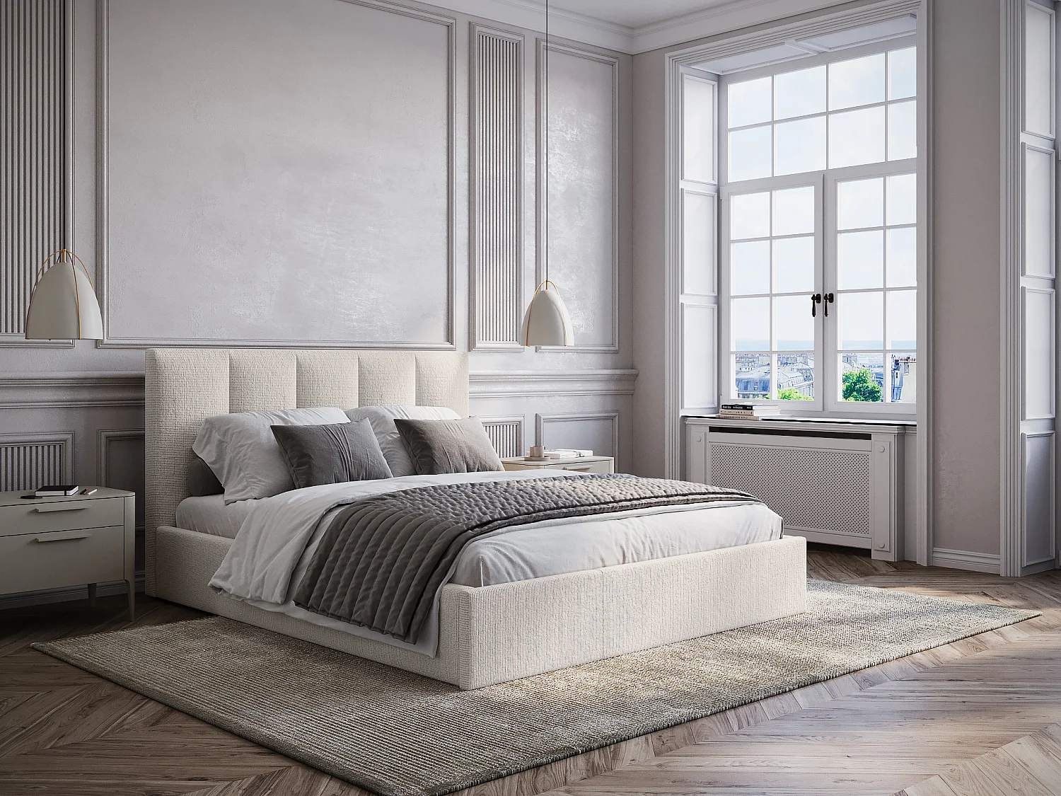 Lit coffre 160 x 200 cm avec tête de lit coutures verticales - Tissu - Beige - Avec matelas - KILACLO
