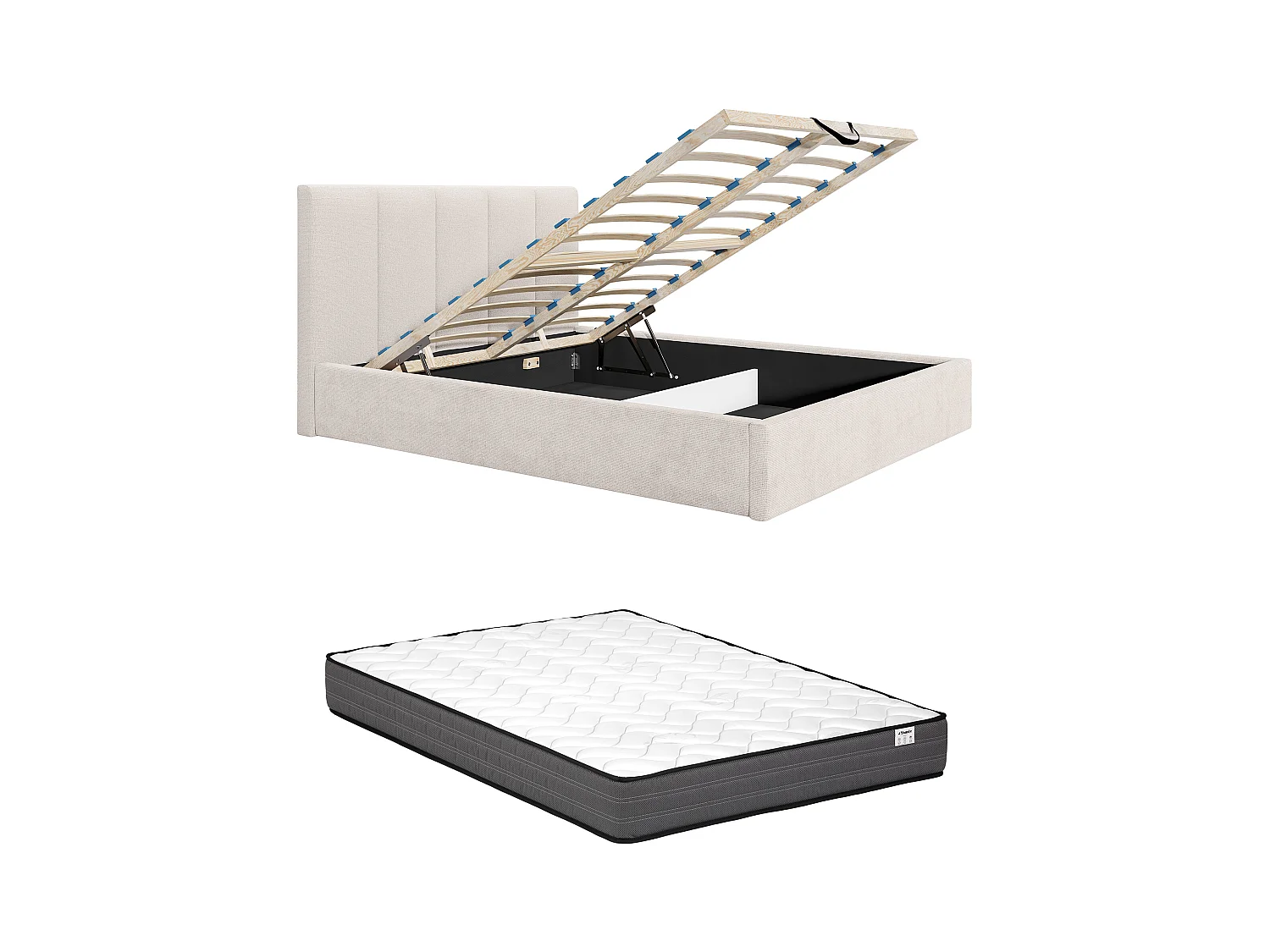 Letto con contenitore 160x200cm con testata letto impunture verticali Tessuto Beige Con materasso  - KILACLO