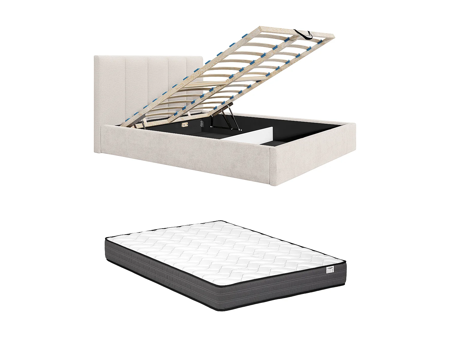 Bed met opbergruimte 160 x 200 cm met hoofdbord met verticale naden - Stof - Beige - Met matras - KILACLO