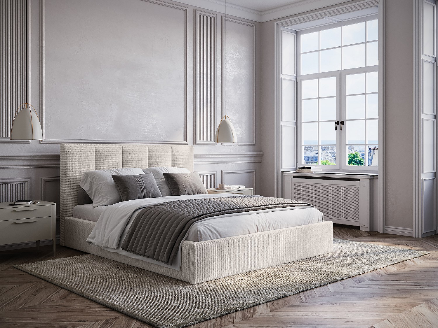 Vente-unique Bett Mit Bettkasten & Kopfteil Mit Vertikalen Ziernähten + Matratze - 180 X 200 Cm - Stoff - Beige - Kilaclo