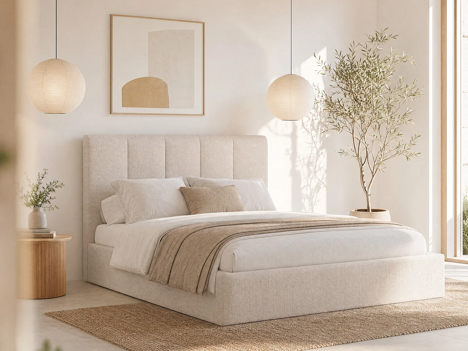 Storage bed 180 x 200 cm with vertical stitch headboard - Fabric - Beige - With mattress - KILACLO