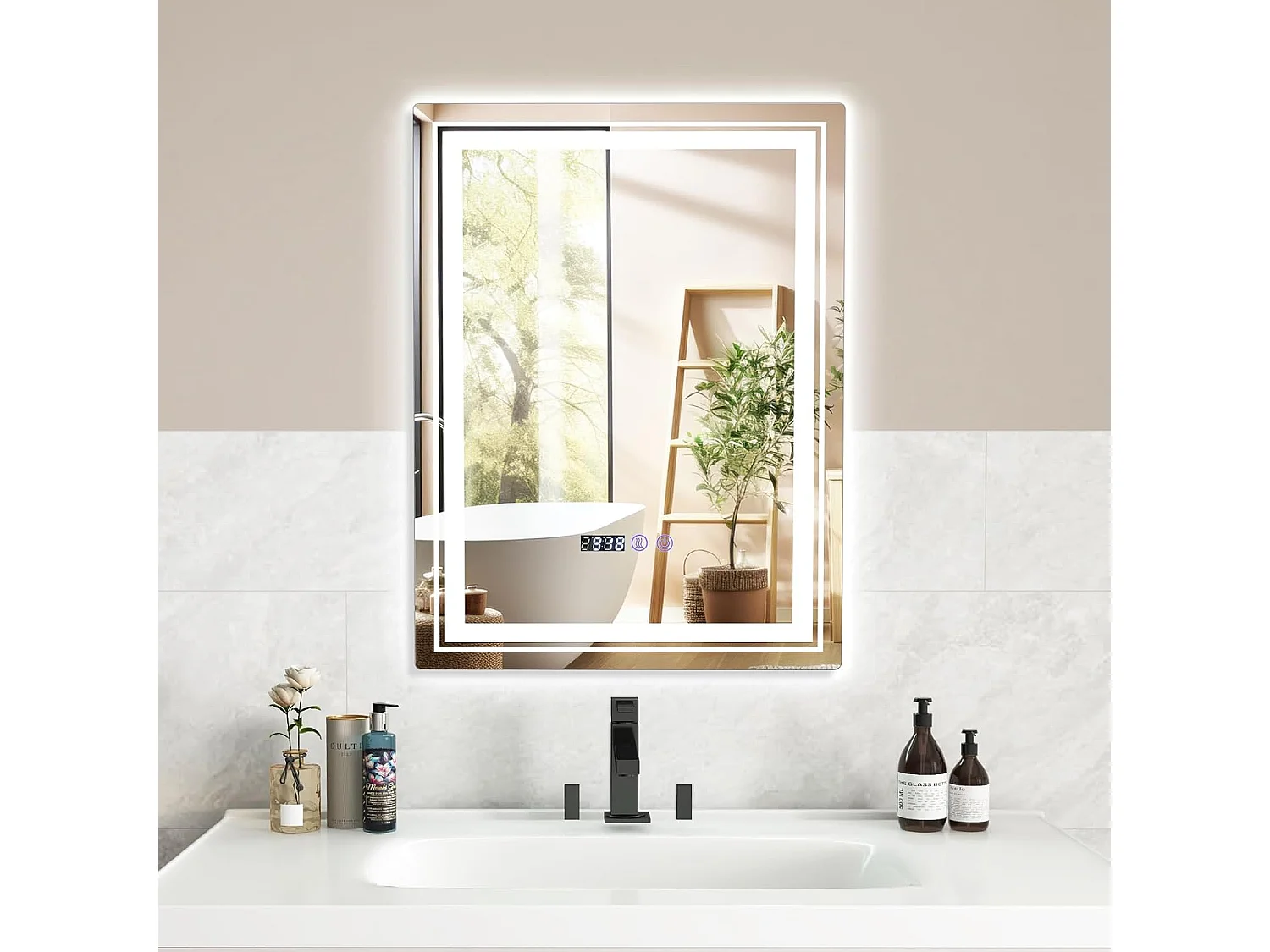 Miroir de Salle de Bain à LED 70 x 50 CM, Miroir Mural Lumineux avec 3 Couleurs & Luminosité Réglable, Miroir Mural Rectangulaire avec Fonction Anti-Buée et Interrupteur Tactile