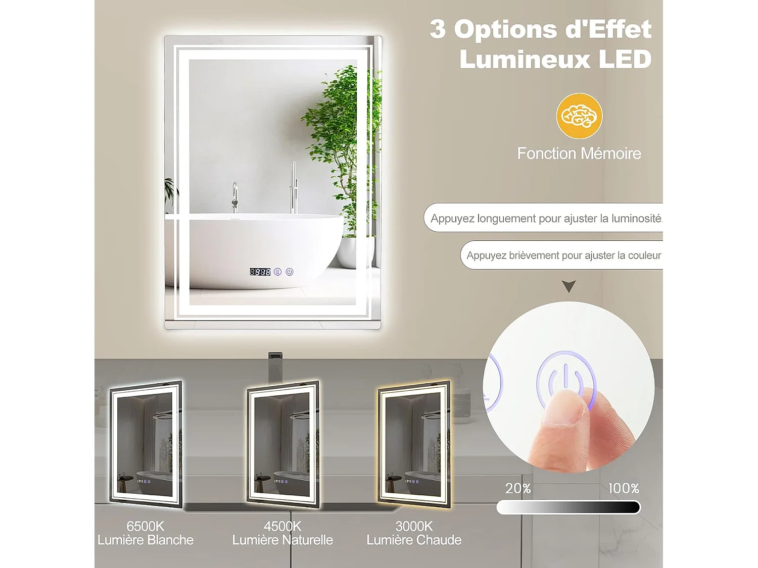 Miroir de Salle de Bain à LED 70 x 50 CM, Miroir Mural Lumineux avec 3 Couleurs & Luminosité Réglable, Miroir Mural Rectangulaire avec Fonction Anti-Buée et Interrupteur Tactile