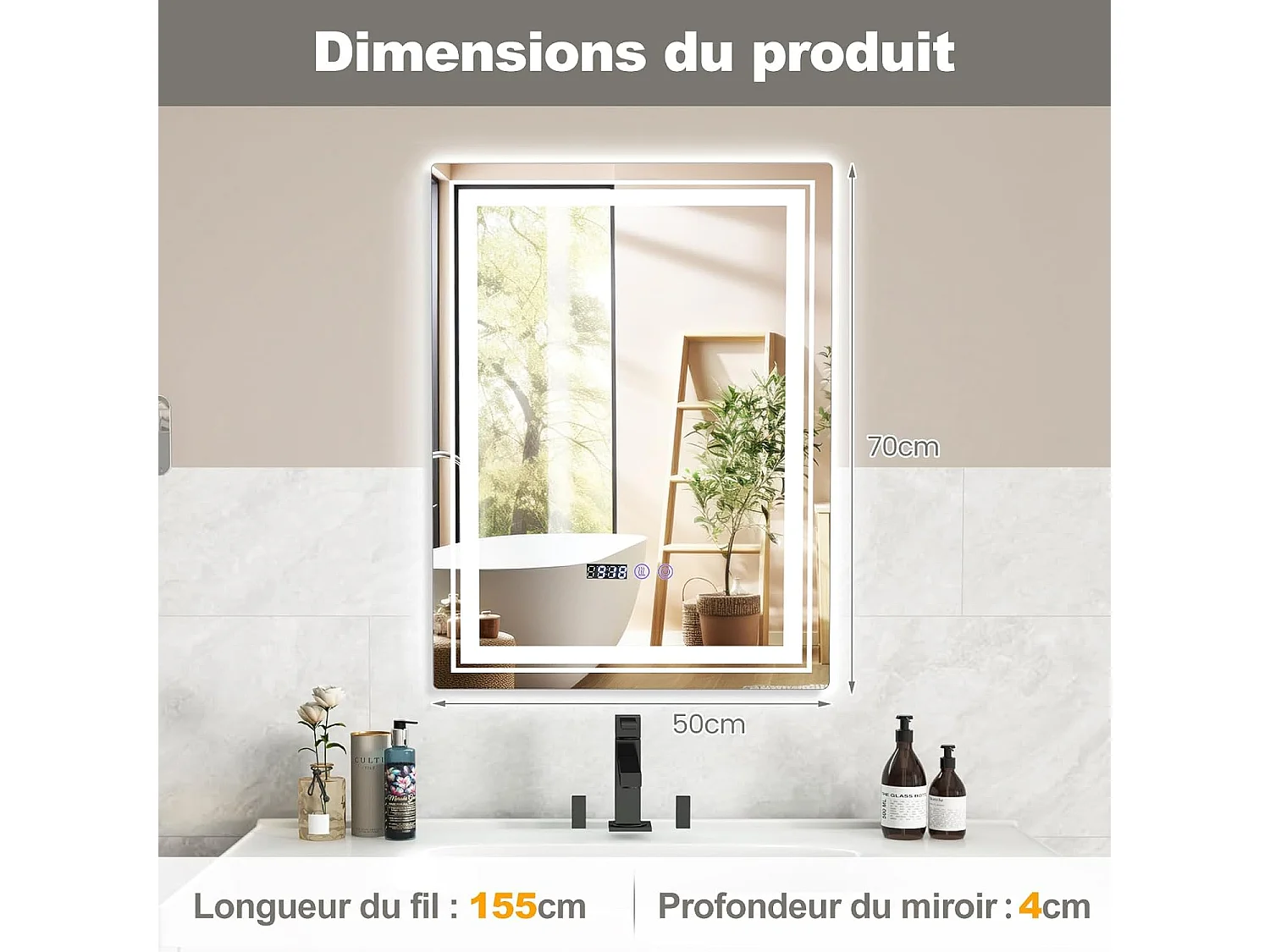 Miroir de Salle de Bain à LED 70 x 50 CM, Miroir Mural Lumineux avec 3 Couleurs & Luminosité Réglable, Miroir Mural Rectangulaire avec Fonction Anti-Buée et Interrupteur Tactile
