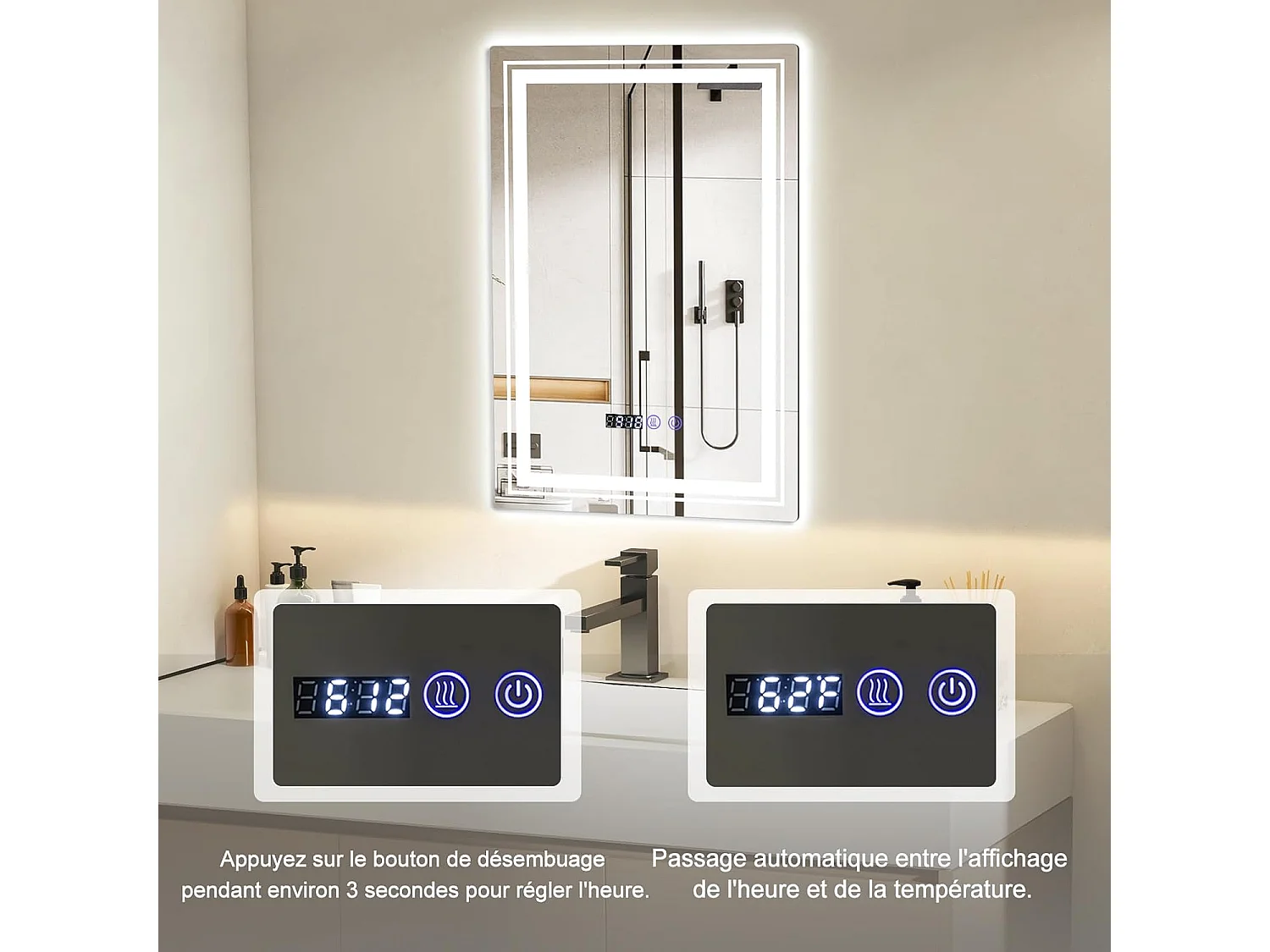 Miroir de Salle de Bain à LED 70 x 50 CM, Miroir Mural Lumineux avec 3 Couleurs & Luminosité Réglable, Miroir Mural Rectangulaire avec Fonction Anti-Buée et Interrupteur Tactile