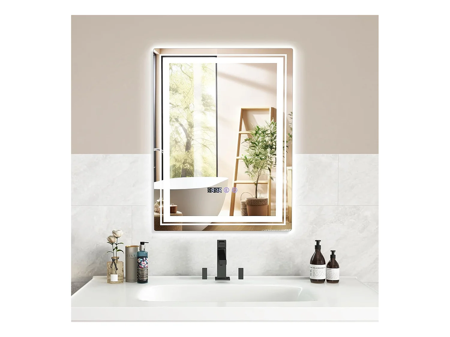Miroir de Salle de Bain à LED 70 x 50 CM, Miroir Mural Lumineux avec 3 Couleurs & Luminosité Réglable, Miroir Mural Rectangulaire avec Fonction Anti-Buée et Interrupteur Tactile