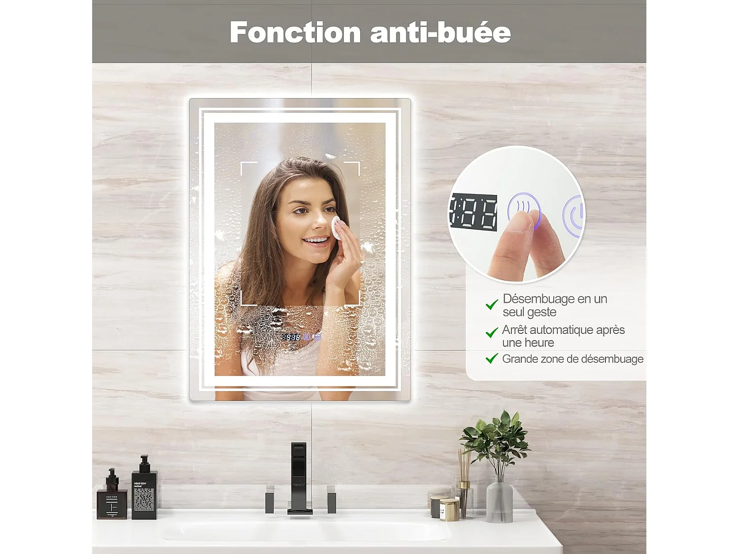 Miroir de Salle de Bain à LED 70 x 50 CM, Miroir Mural Lumineux avec 3 Couleurs & Luminosité Réglable, Miroir Mural Rectangulaire avec Fonction Anti-Buée et Interrupteur Tactile