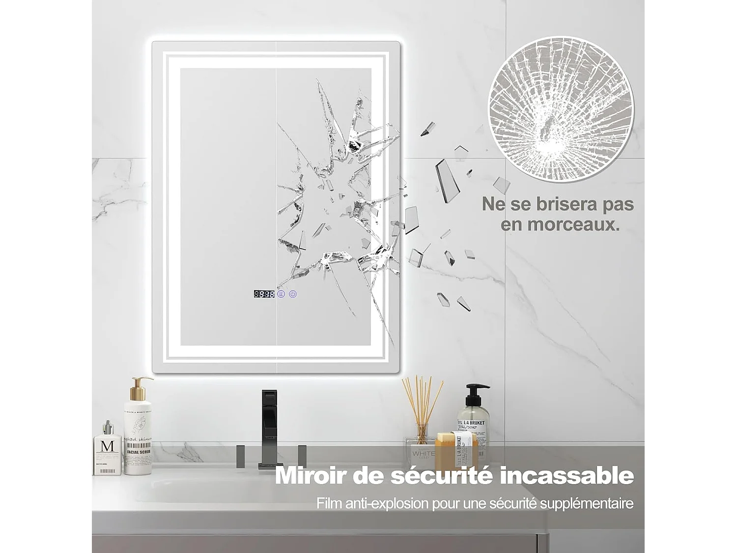 Miroir de Salle de Bain à LED 70 x 50 CM, Miroir Mural Lumineux avec 3 Couleurs & Luminosité Réglable, Miroir Mural Rectangulaire avec Fonction Anti-Buée et Interrupteur Tactile