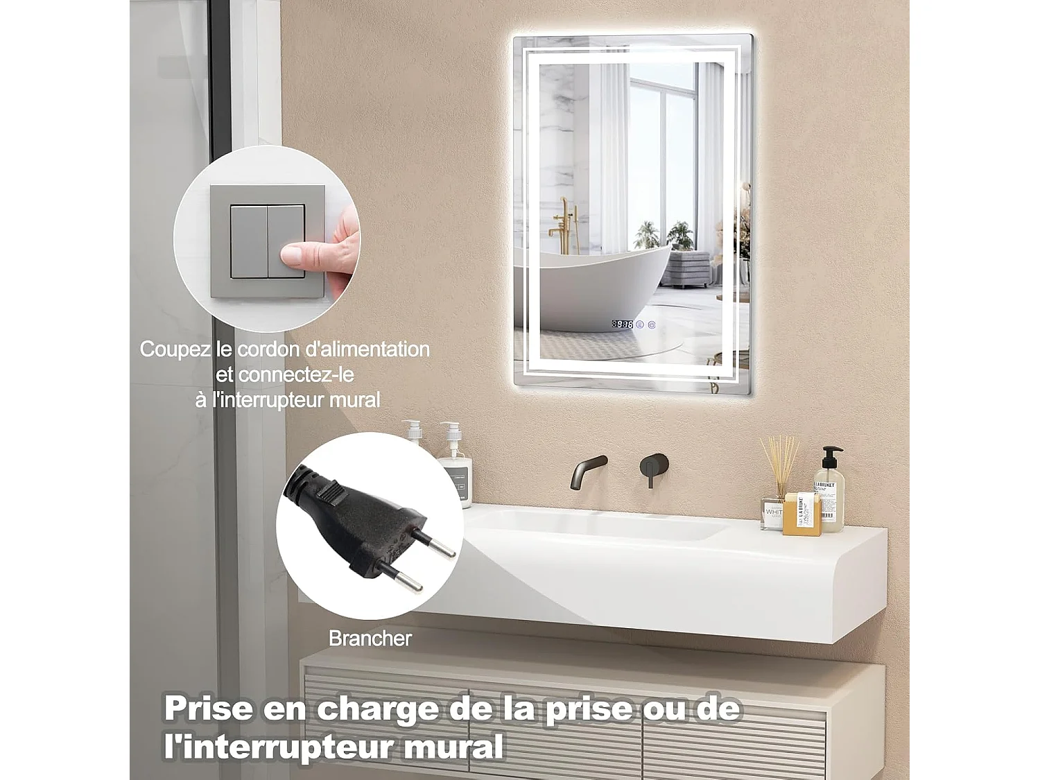 Miroir de Salle de Bain à LED 70 x 50 CM, Miroir Mural Lumineux avec 3 Couleurs & Luminosité Réglable, Miroir Mural Rectangulaire avec Fonction Anti-Buée et Interrupteur Tactile