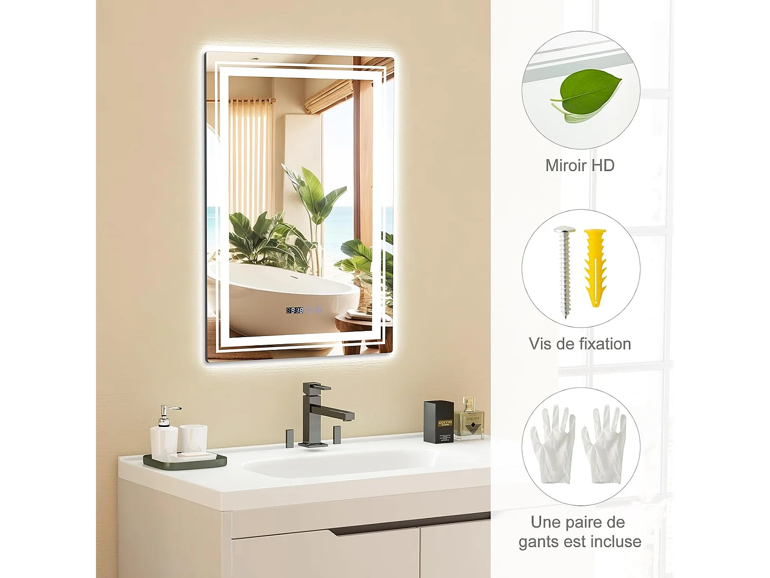Miroir de Salle de Bain à LED 70 x 50 CM, Miroir Mural Lumineux avec 3 Couleurs & Luminosité Réglable, Miroir Mural Rectangulaire avec Fonction Anti-Buée et Interrupteur Tactile