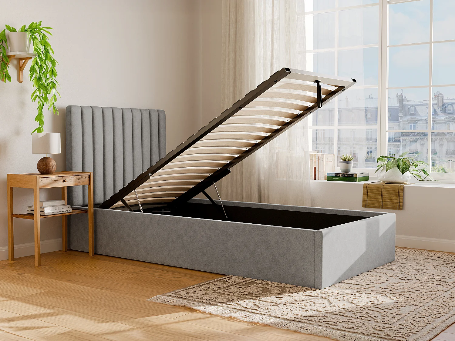 Bed met opbergruimte 90 x 190 cm met hoofdbord met verticale stiksels - Stof - Grijs - SARAH