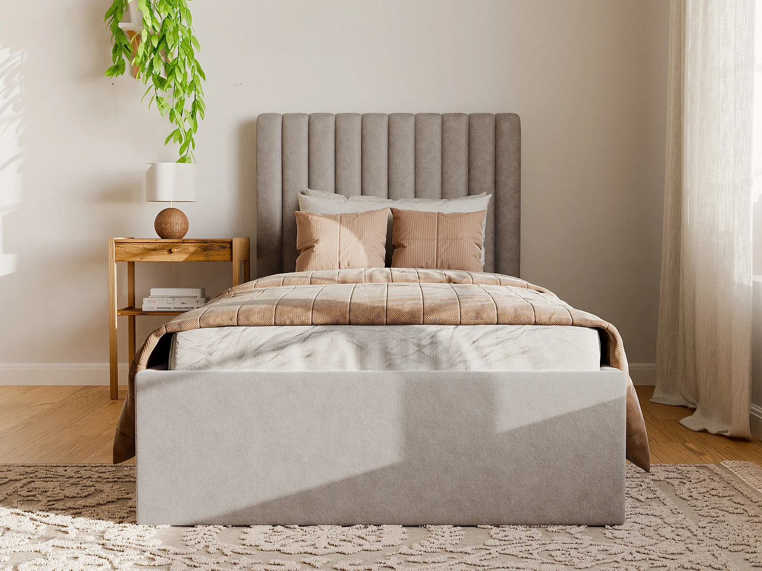 Bed met opbergruimte 90 x 190 cm met hoofdbord met verticale stiksels - Stof - Beige - SARAH