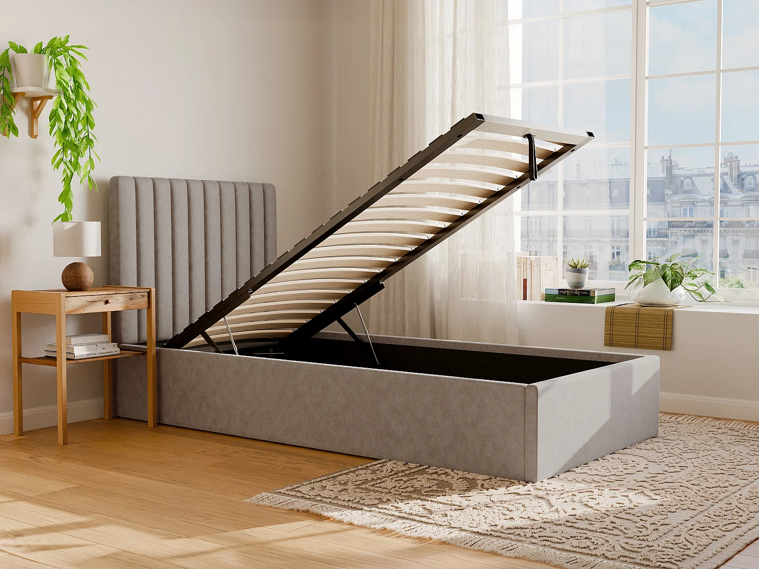Bed met opbergruimte 90 x 190 cm met hoofdbord met verticale stiksels - Stof - Beige - SARAH