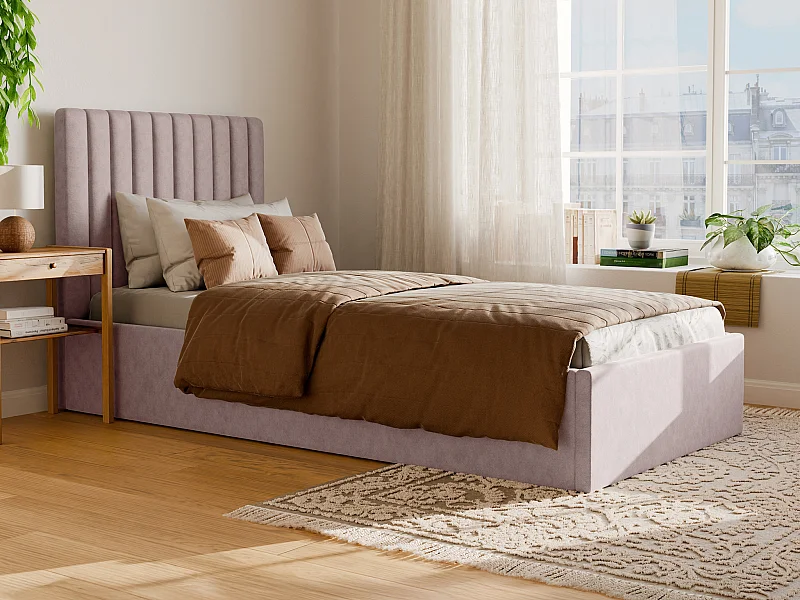 Letto con contenitore 90 x 190 cm con testata letto impunture verticali Tessuto Rosa - SARAH