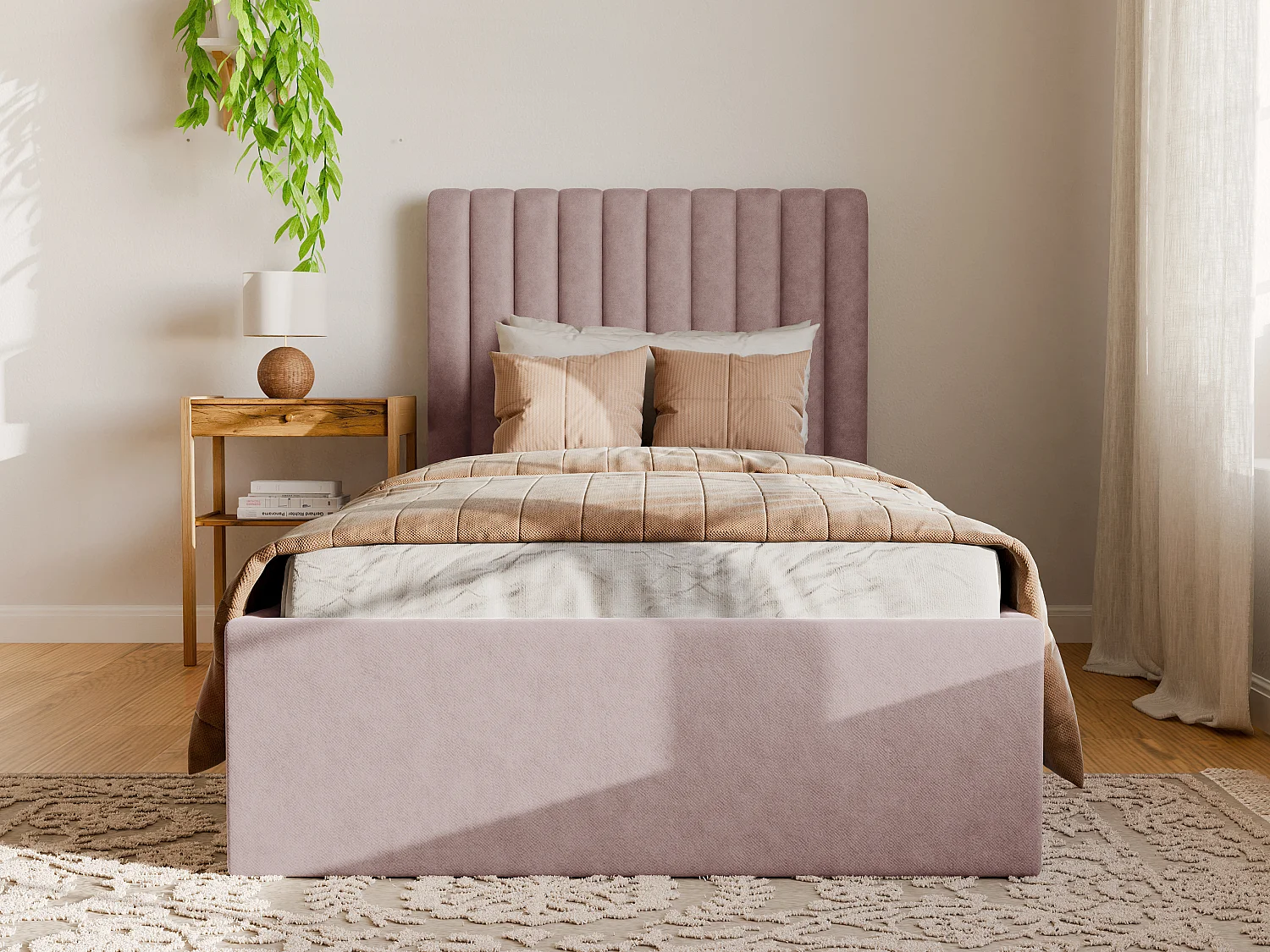 Bed met opbergruimte 90 x 190 cm met hoofdbord met verticale stiksels - Stof - Roze - SARAH