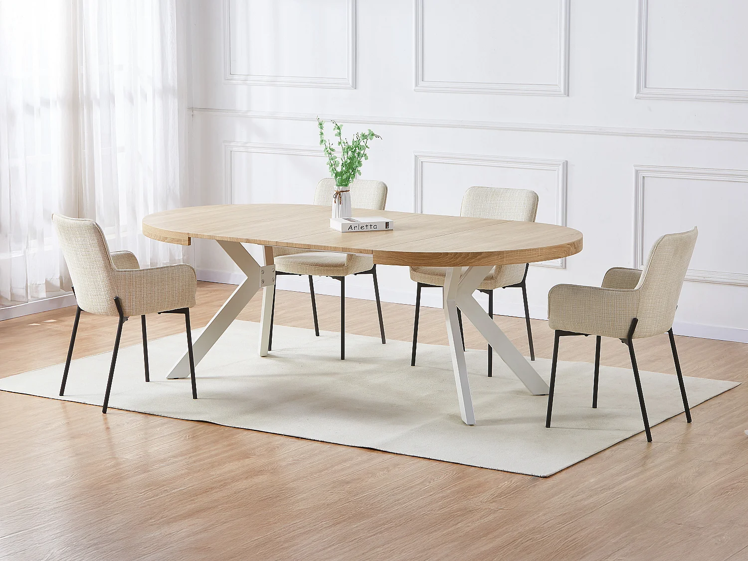 Tavolo da pranzo allungabile da 4 a 8 coperti in MDF e Acciaio Naturale chiaro e bianco - KOMONI