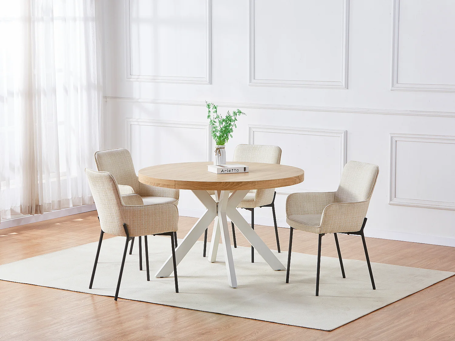Table à manger extensible 4 à 8 personnes en MDF et acier - Naturel clair et blanc - KOMONI
