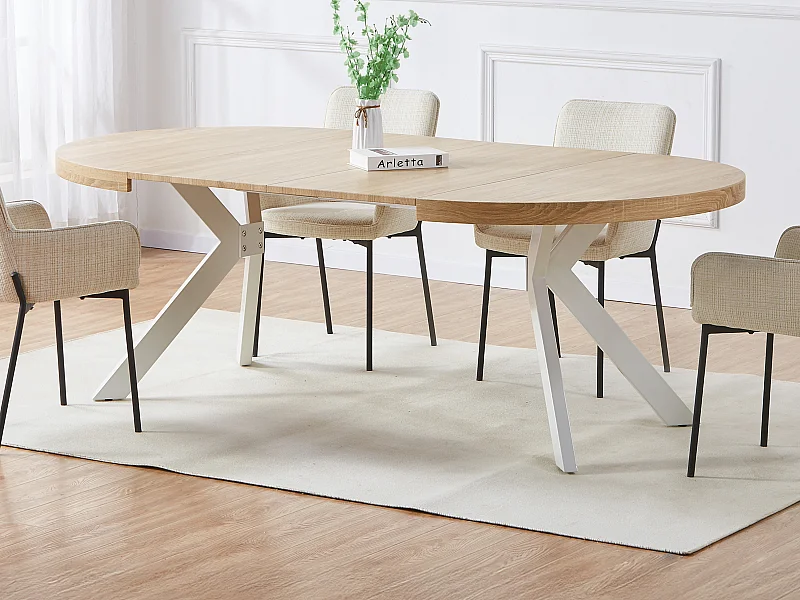 Table à manger extensible 4 à 8 personnes en MDF et acier - Naturel clair et blanc - KOMONI