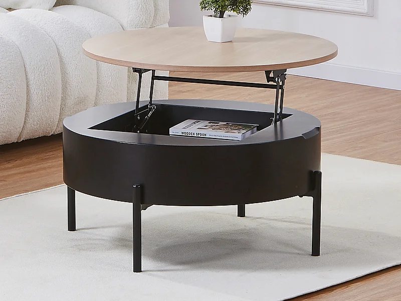 Couchtisch mit hochklappbarer Tischplatte - MDF & Metall - Schwarz & Natur - NIMORA