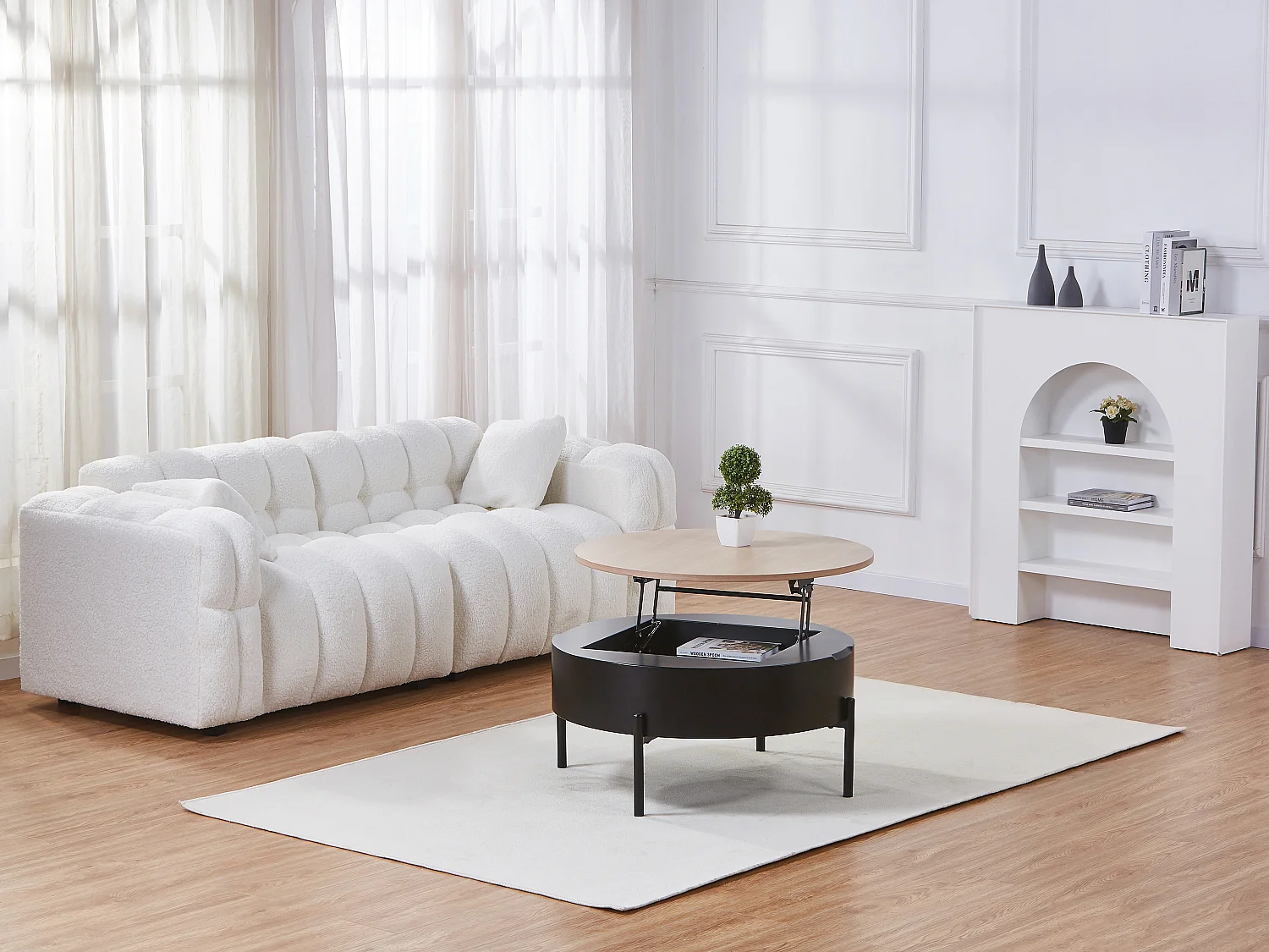 Table basse avec plateau relevable en MDF et métal  - Noir et naturel - NIMORA