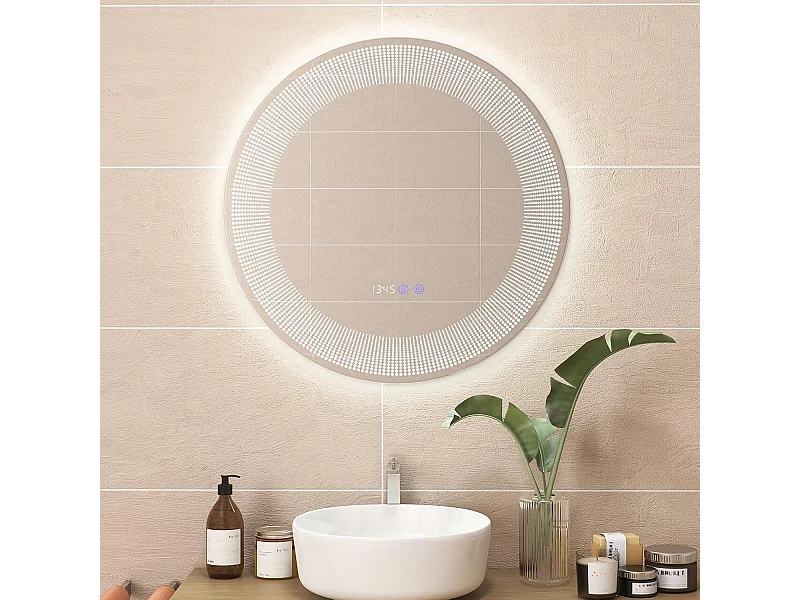 Miroir Salle de Bain LED à 3 Couleurs & Luminosité Réglable, Miroir Mural Anti-Buée, Miroir Lumineux avec Interrupteur Tactile et Fonction Mémoire, Affichage Temps/Température, IP44, Ø 60 CM