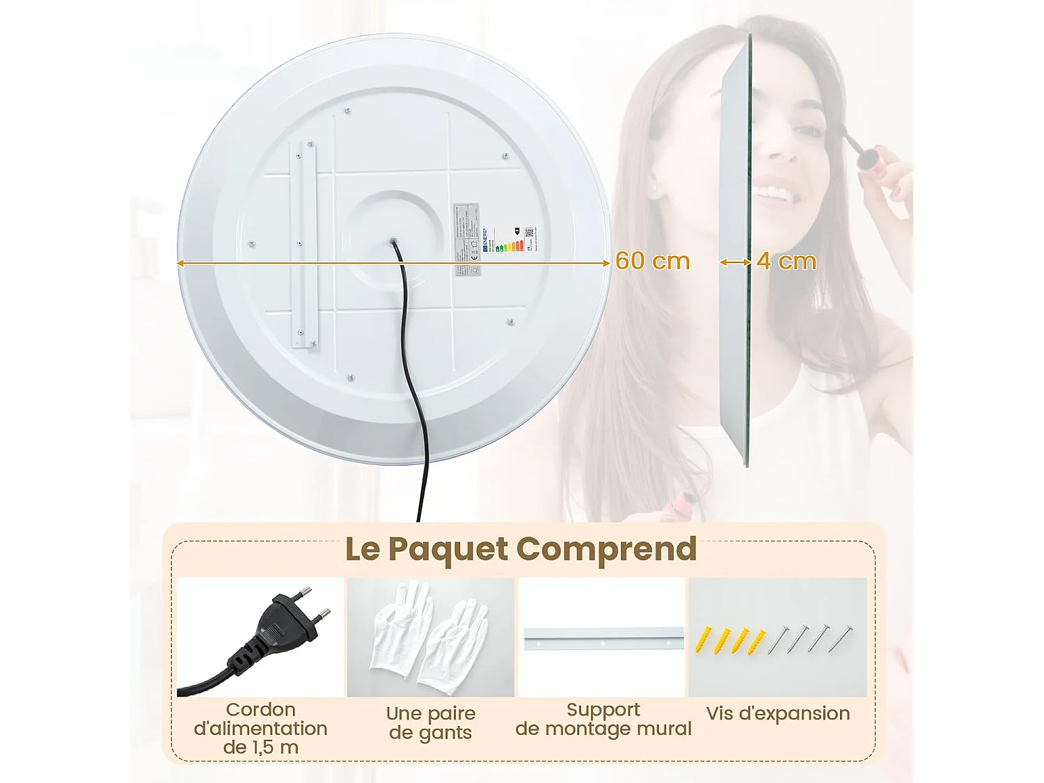 Miroir Salle de Bain LED à 3 Couleurs & Luminosité Réglable, Miroir Mural Anti-Buée, Miroir Lumineux avec Interrupteur Tactile et Fonction Mémoire, Affichage Temps/Température, IP44, Ø 60 CM