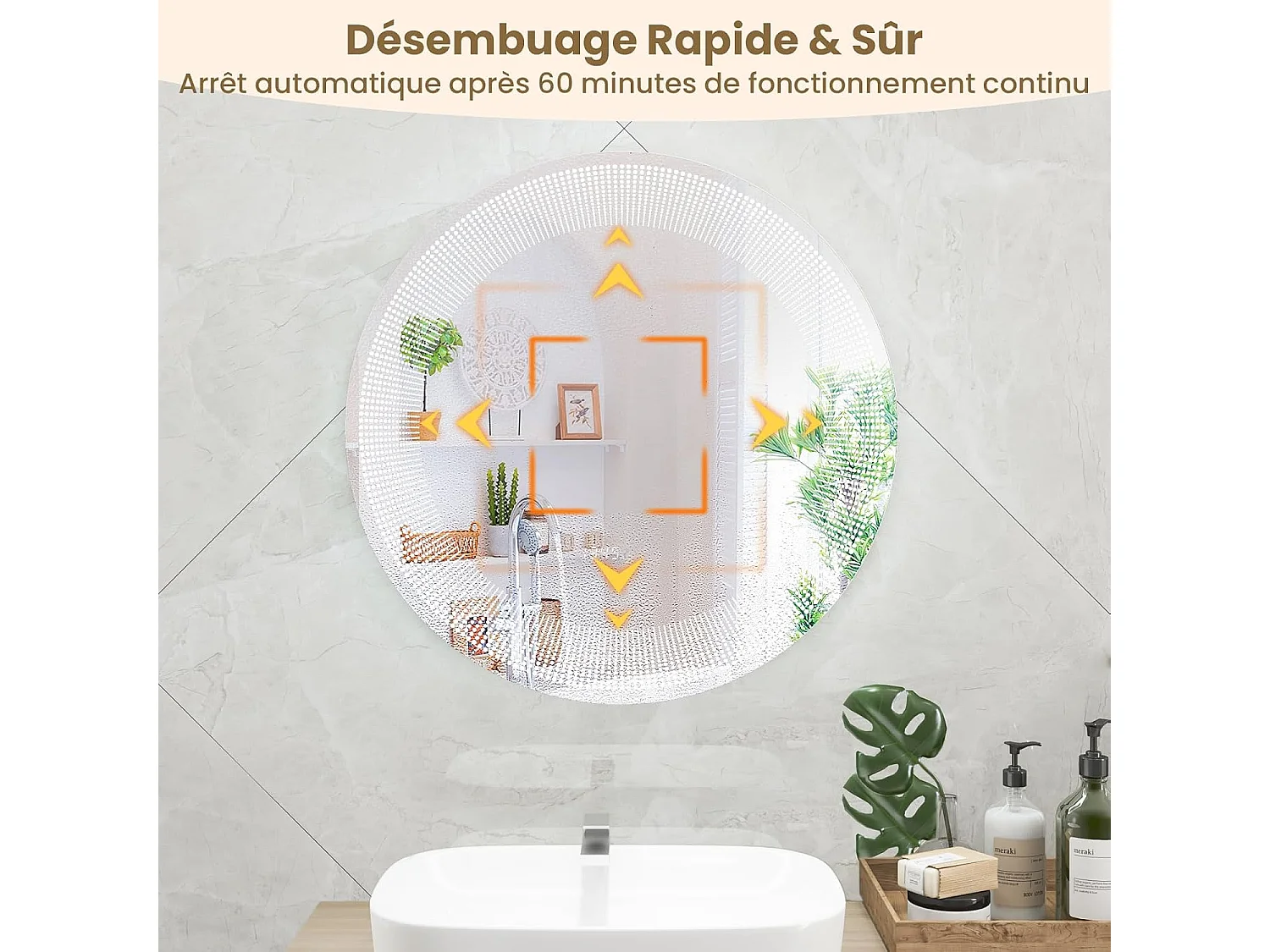 Miroir Salle de Bain LED à 3 Couleurs & Luminosité Réglable, Miroir Mural Anti-Buée, Miroir Lumineux avec Interrupteur Tactile et Fonction Mémoire, Affichage Temps/Température, IP44, Ø 60 CM