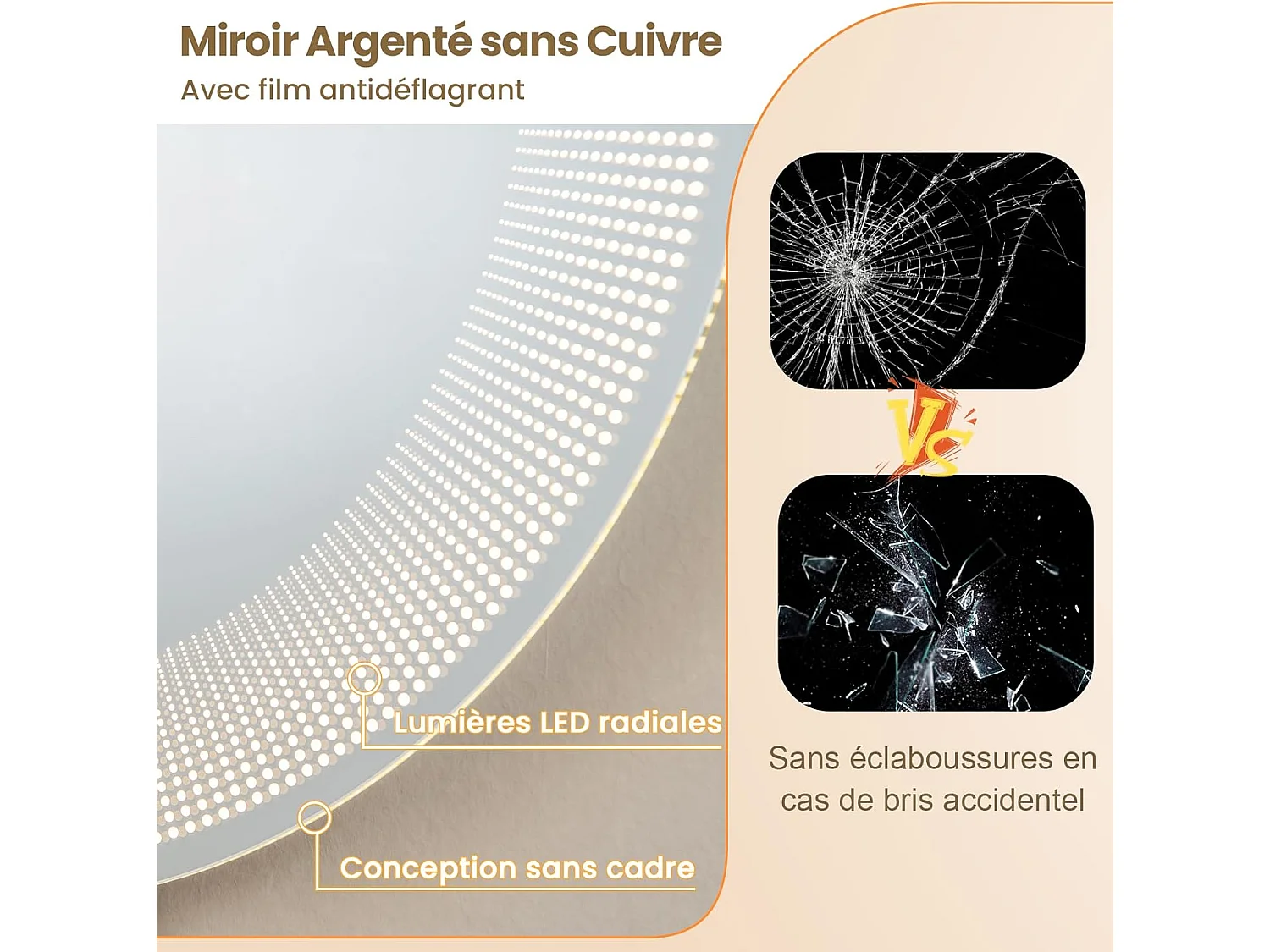 Miroir Salle de Bain LED à 3 Couleurs & Luminosité Réglable, Miroir Mural Anti-Buée, Miroir Lumineux avec Interrupteur Tactile et Fonction Mémoire, Affichage Temps/Température, IP44, Ø 60 CM