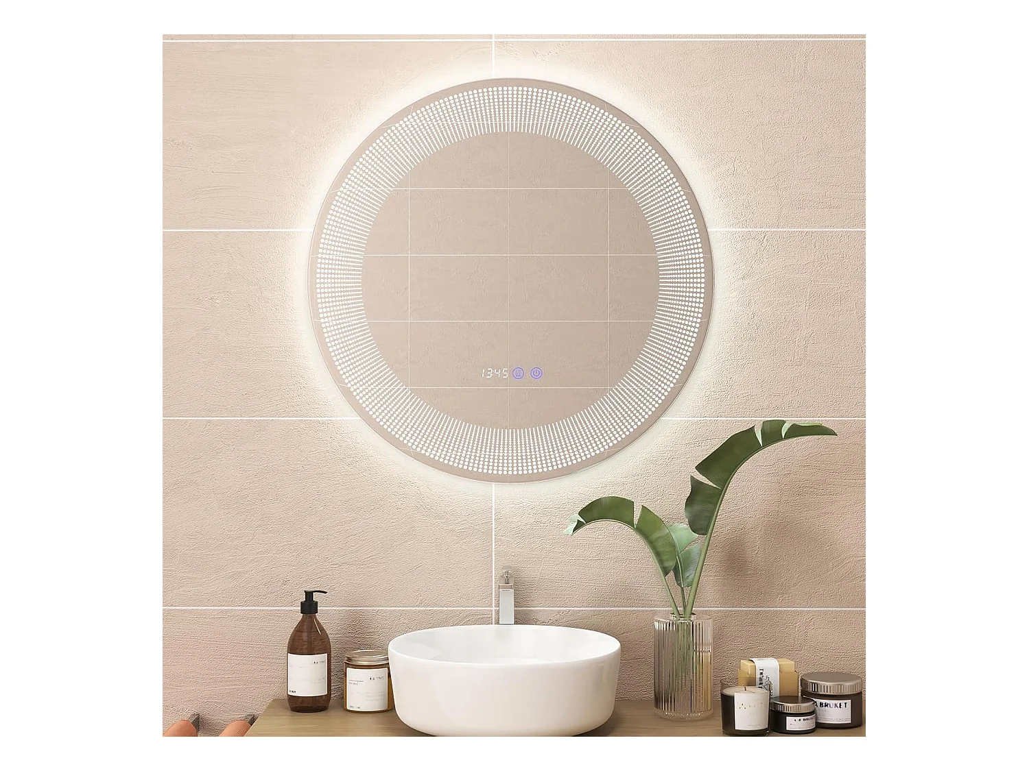 Miroir Salle de Bain LED à 3 Couleurs & Luminosité Réglable, Miroir Mural Anti-Buée, Miroir Lumineux avec Interrupteur Tactile et Fonction Mémoire, Affichage Temps/Température, IP44, Ø 60 CM