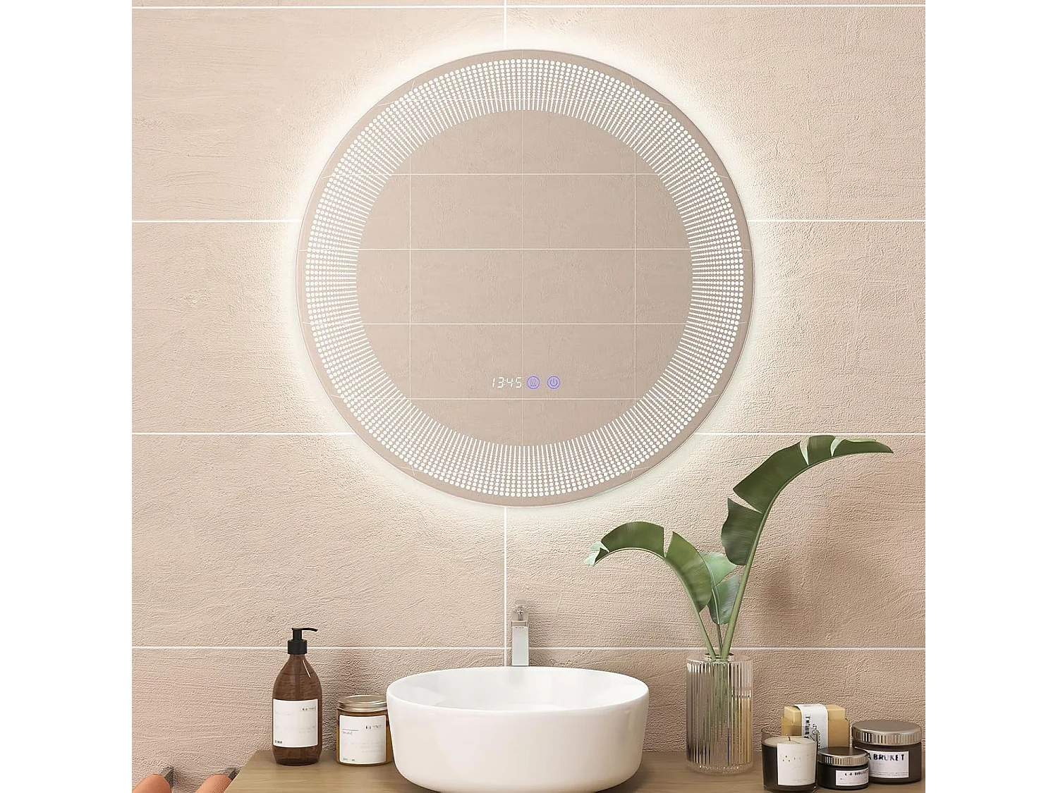 Miroir Salle de Bain LED à 3 Couleurs & Luminosité Réglable, Miroir Mural Anti-Buée, Miroir Lumineux avec Interrupteur Tactile et Fonction Mémoire, Affichage Temps/Température, IP44, Ø 60 CM