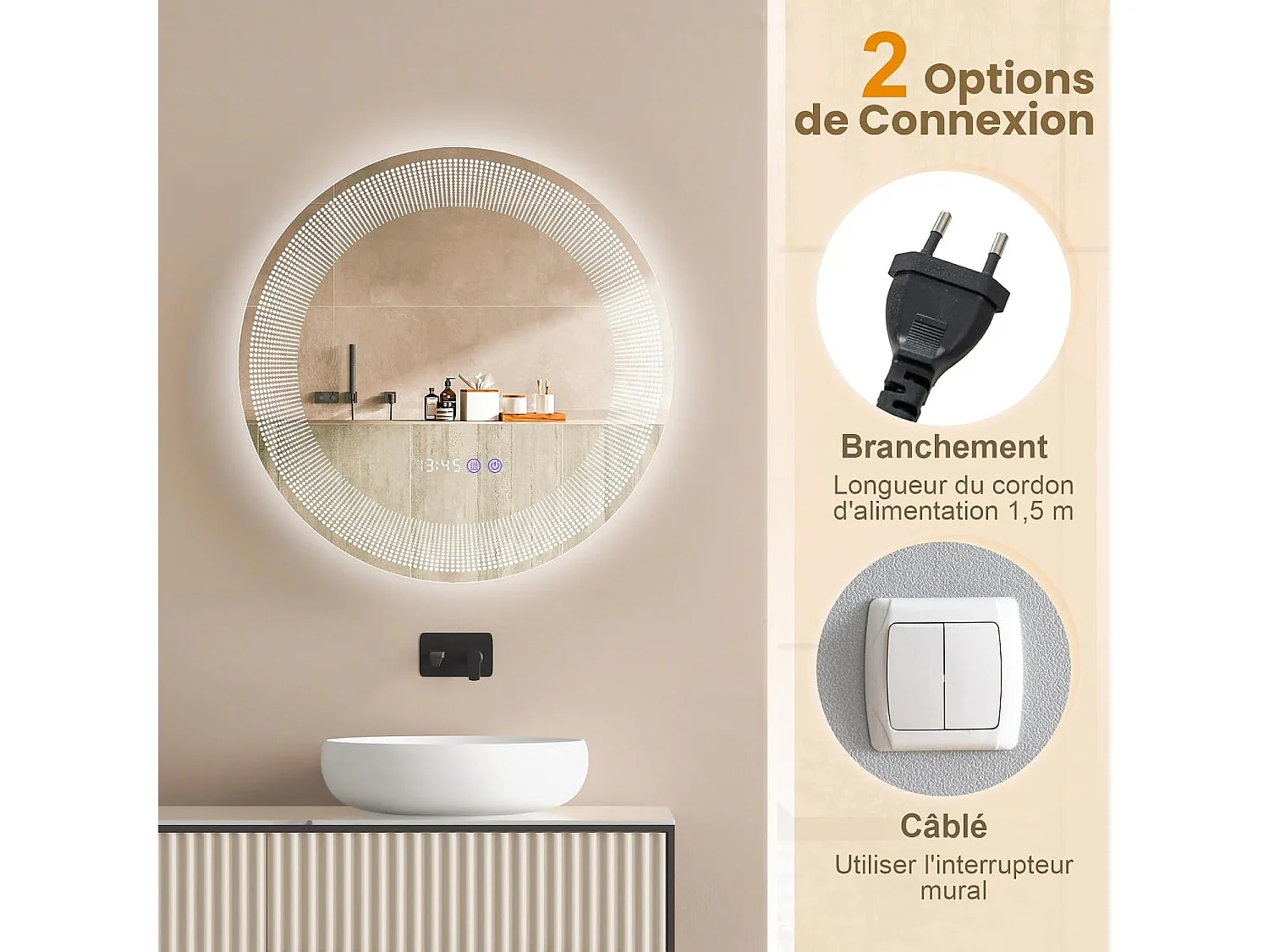 Miroir Salle de Bain LED à 3 Couleurs & Luminosité Réglable, Miroir Mural Anti-Buée, Miroir Lumineux avec Interrupteur Tactile et Fonction Mémoire, Affichage Temps/Température, IP44, Ø 60 CM