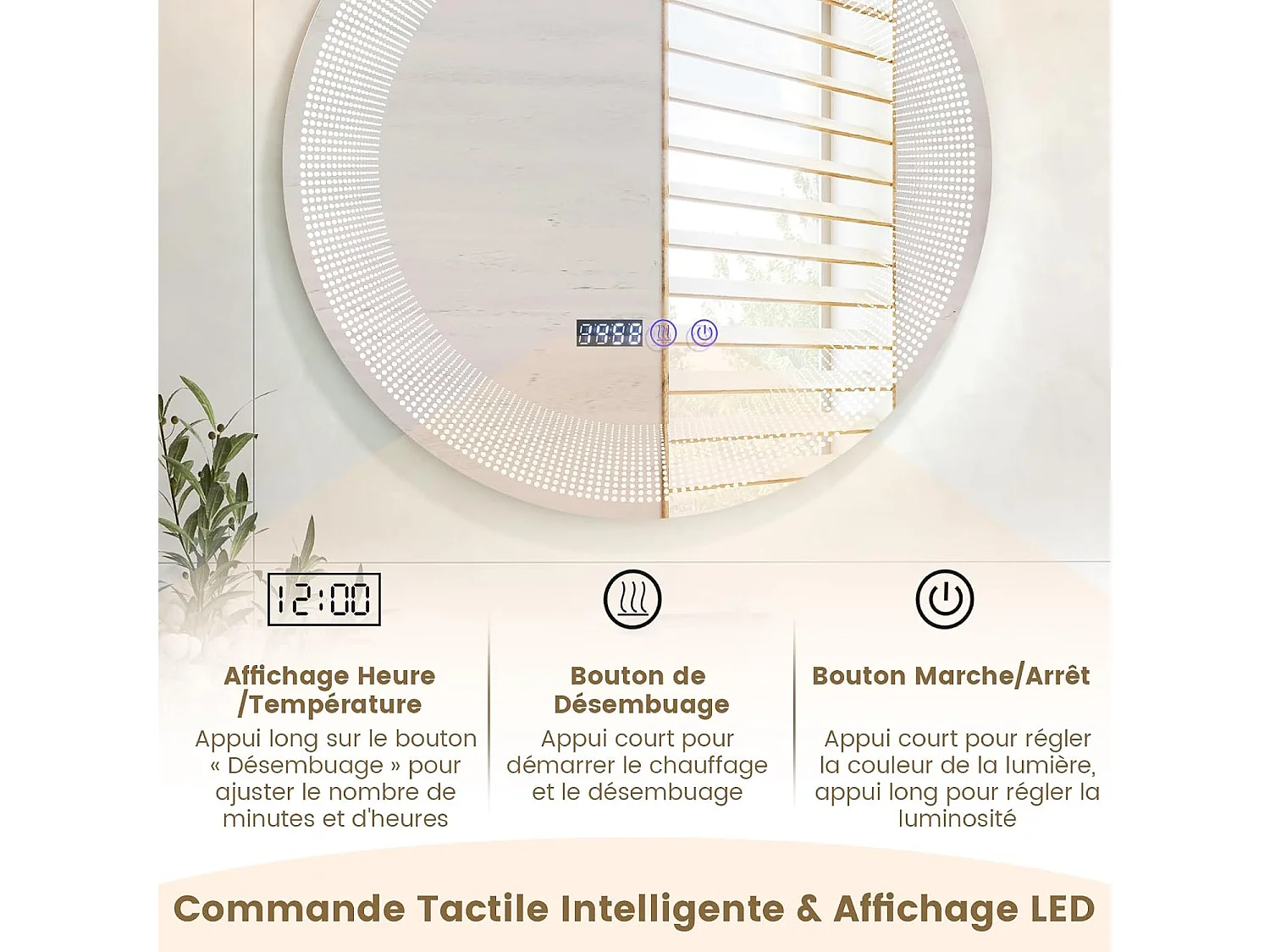 Miroir Salle de Bain LED à 3 Couleurs & Luminosité Réglable, Miroir Mural Anti-Buée, Miroir Lumineux avec Interrupteur Tactile et Fonction Mémoire, Affichage Temps/Température, IP44, Ø 60 CM