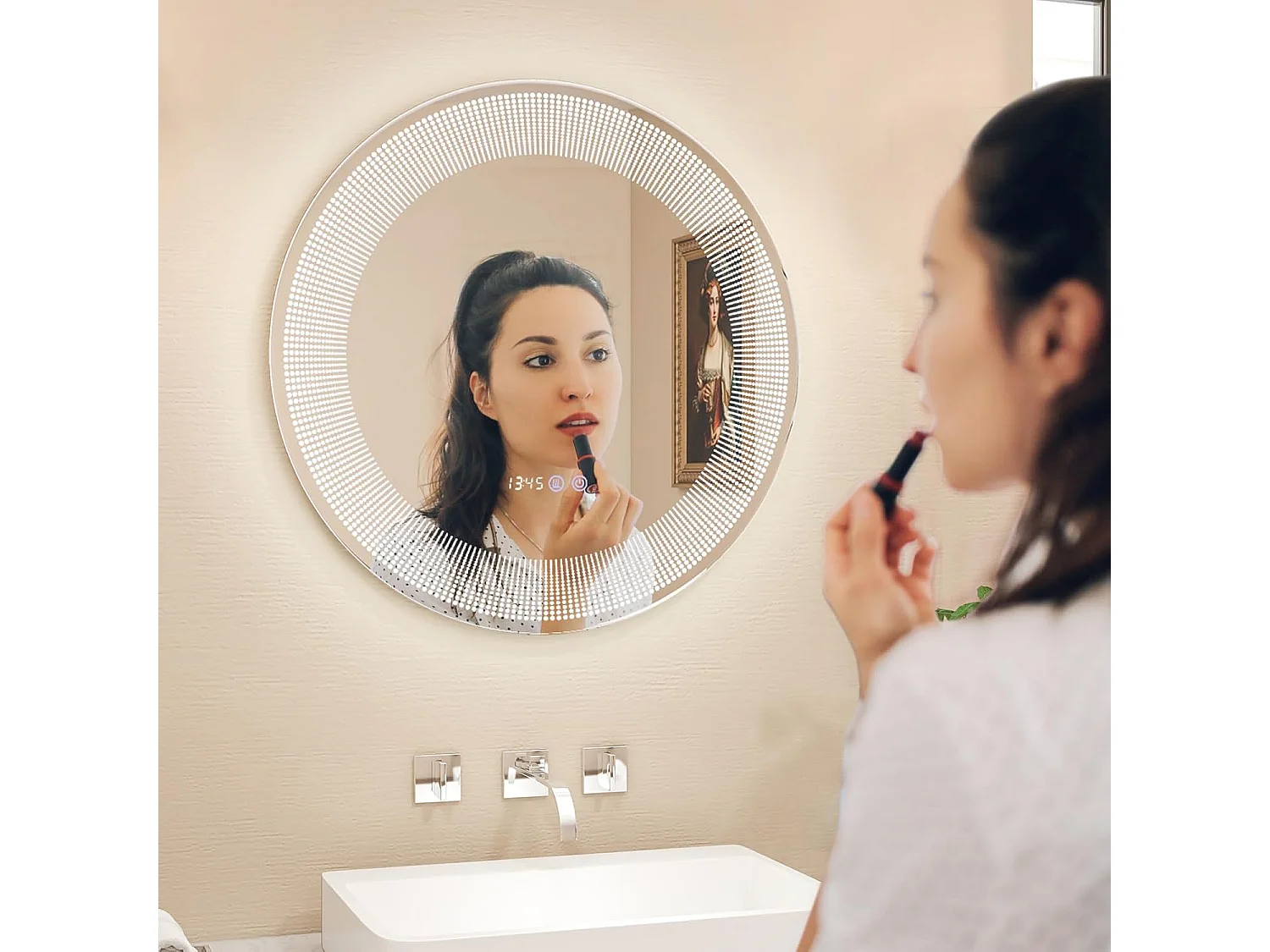 Miroir Salle de Bain LED à 3 Couleurs & Luminosité Réglable, Miroir Mural Anti-Buée, Miroir Lumineux avec Interrupteur Tactile et Fonction Mémoire, Affichage Temps/Température, IP44, Ø 60 CM