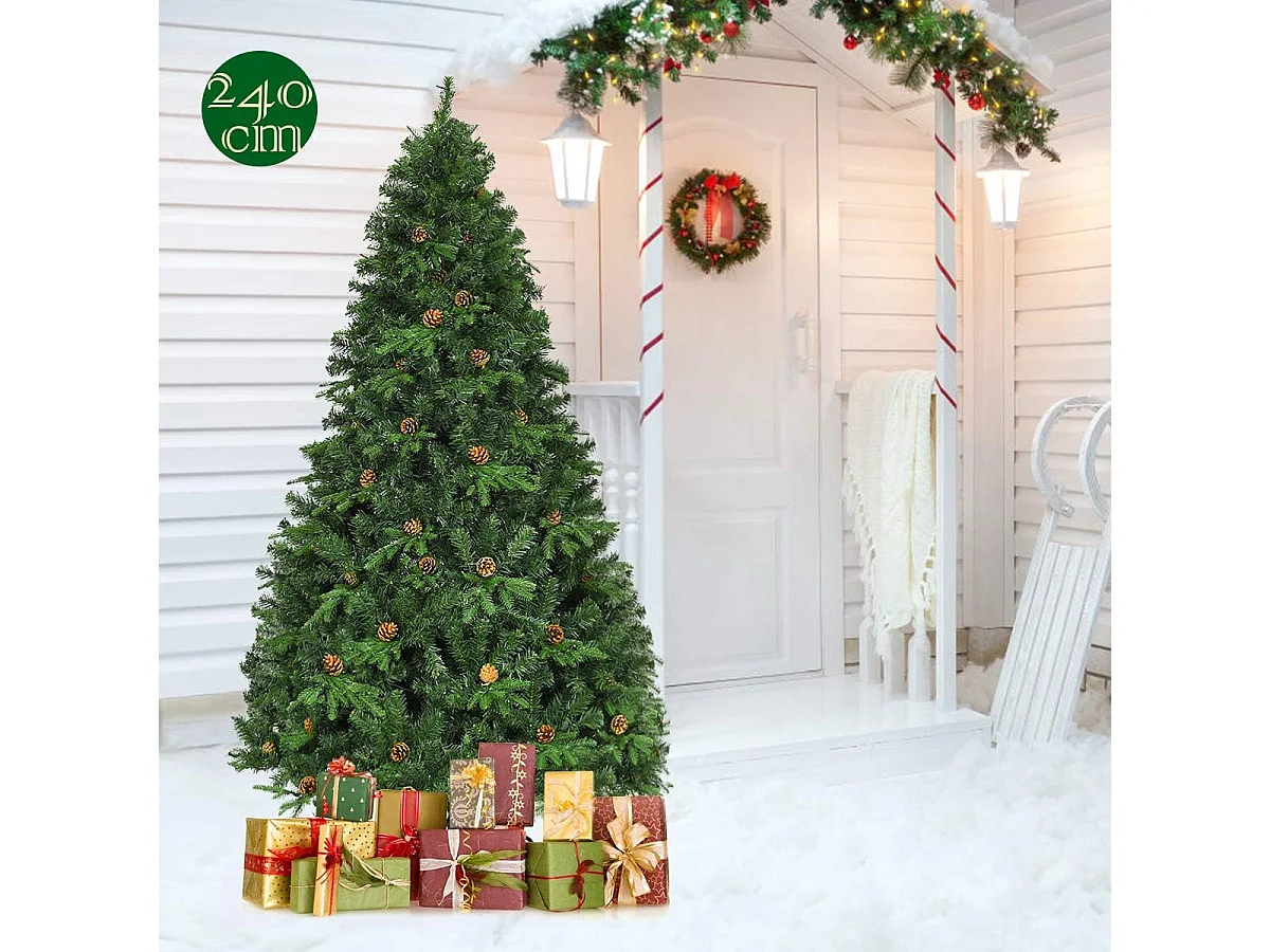 Kerstboom, kunstkerstboom met warmwitte LED-verlichting en dennenappels, PVC-materiaal kerstversiering voor thuis, winkel, groen (240CM)