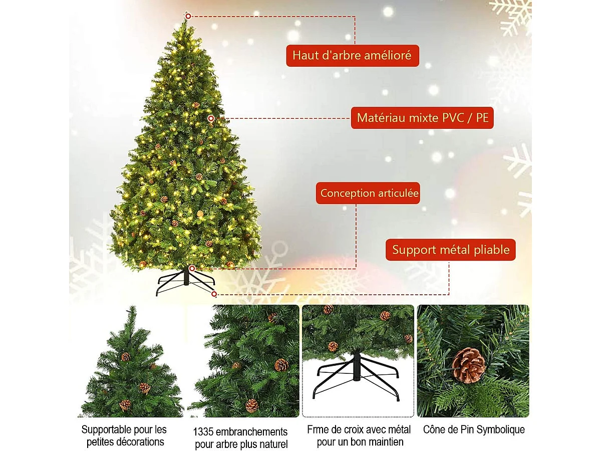 Sapin de Noël, Arbre de Noël Artificiel avec Lumières LED Blanc Chaud et Pommes de Pin, Décoration de Noël en Matériau PVC pour Maison, Magasin, Vert (240CM)