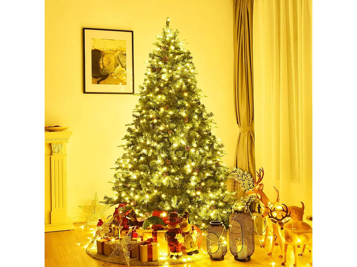 Sapin de Noël, Arbre de Noël Artificiel avec Lumières LED Blanc Chaud et Pommes de Pin, Décoration de Noël en Matériau PVC pour Maison, Magasin, Vert (240CM)