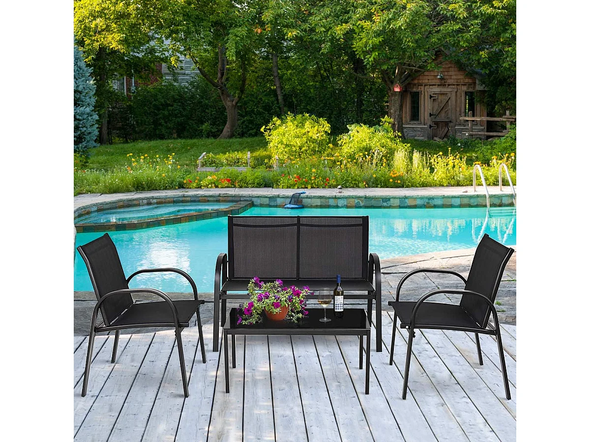 Salon de Jardin 4 Places 4 Pièces en Textilène avec 2 Chaises 1 Banc et 1 Table Basse Vitrée Cadre en Métal pour Baclon/Terrasse/Patio, Noir