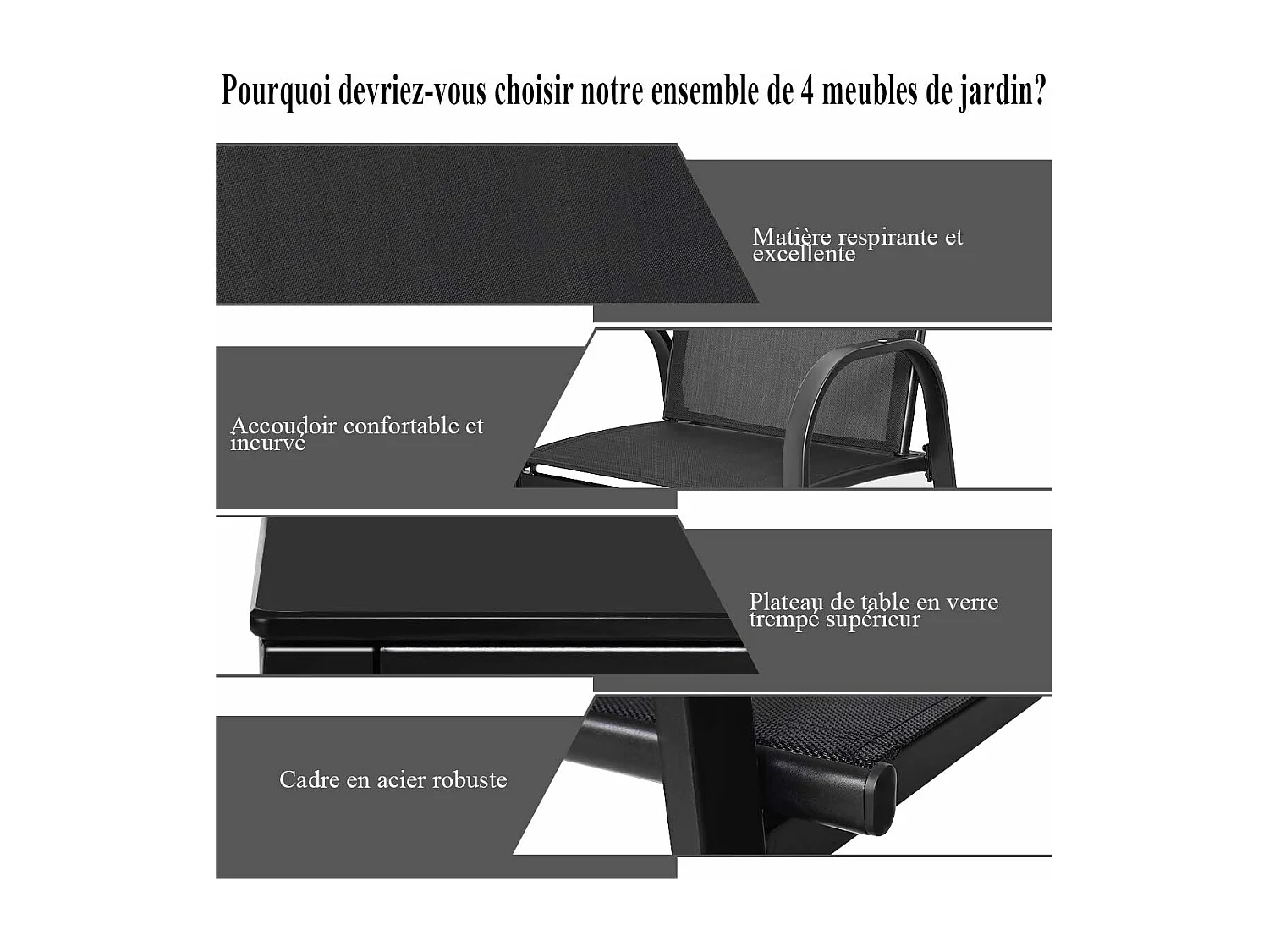 Salon de Jardin 4 Places 4 Pièces en Textilène avec 2 Chaises 1 Banc et 1 Table Basse Vitrée Cadre en Métal pour Baclon/Terrasse/Patio, Noir