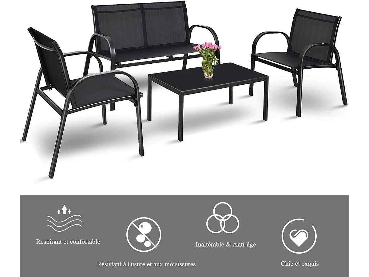 Salon de Jardin 4 Places 4 Pièces en Textilène avec 2 Chaises 1 Banc et 1 Table Basse Vitrée Cadre en Métal pour Baclon/Terrasse/Patio, Noir