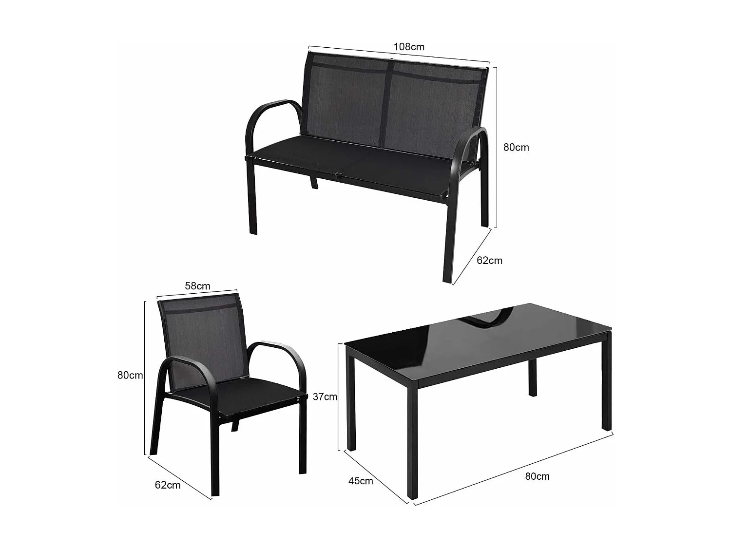 Salon de Jardin 4 Places 4 Pièces en Textilène avec 2 Chaises 1 Banc et 1 Table Basse Vitrée Cadre en Métal pour Baclon/Terrasse/Patio, Noir