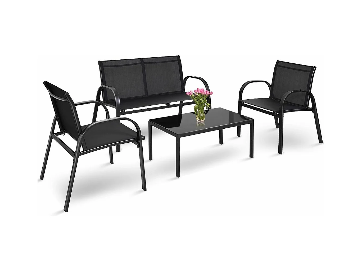 Salon de Jardin 4 Places 4 Pièces en Textilène avec 2 Chaises 1 Banc et 1 Table Basse Vitrée Cadre en Métal pour Baclon/Terrasse/Patio, Noir