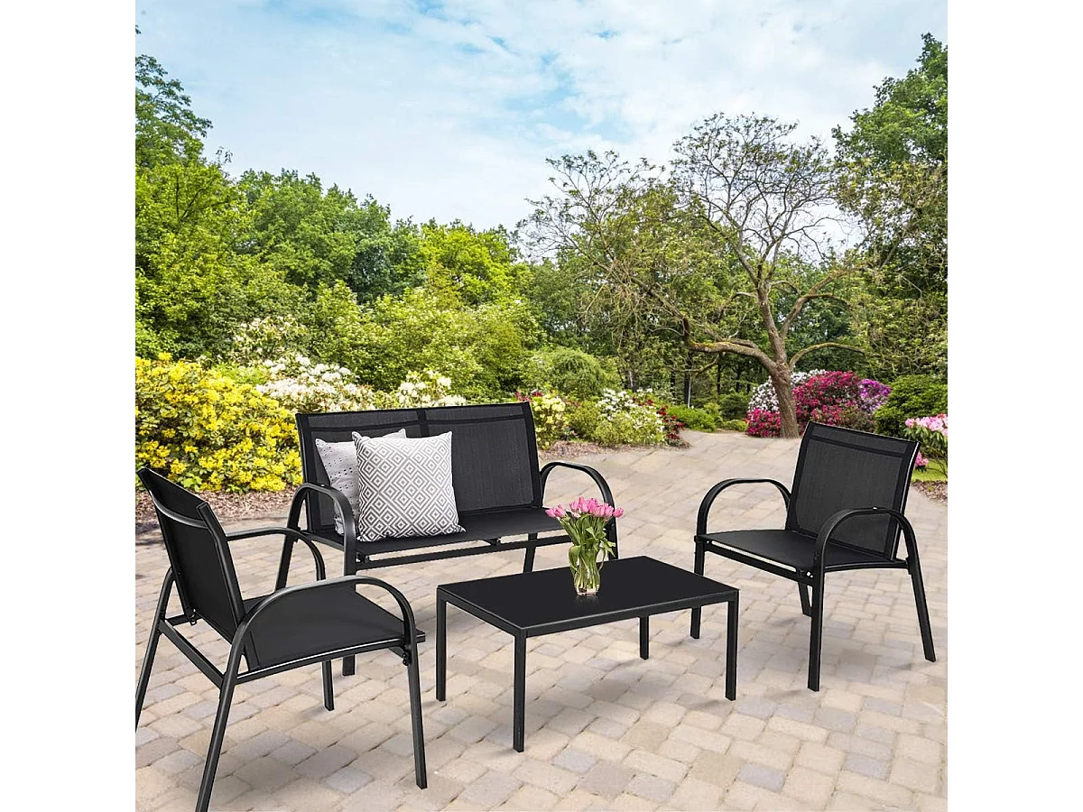 Salon de Jardin 4 Places 4 Pièces en Textilène avec 2 Chaises 1 Banc et 1 Table Basse Vitrée Cadre en Métal pour Baclon/Terrasse/Patio, Noir