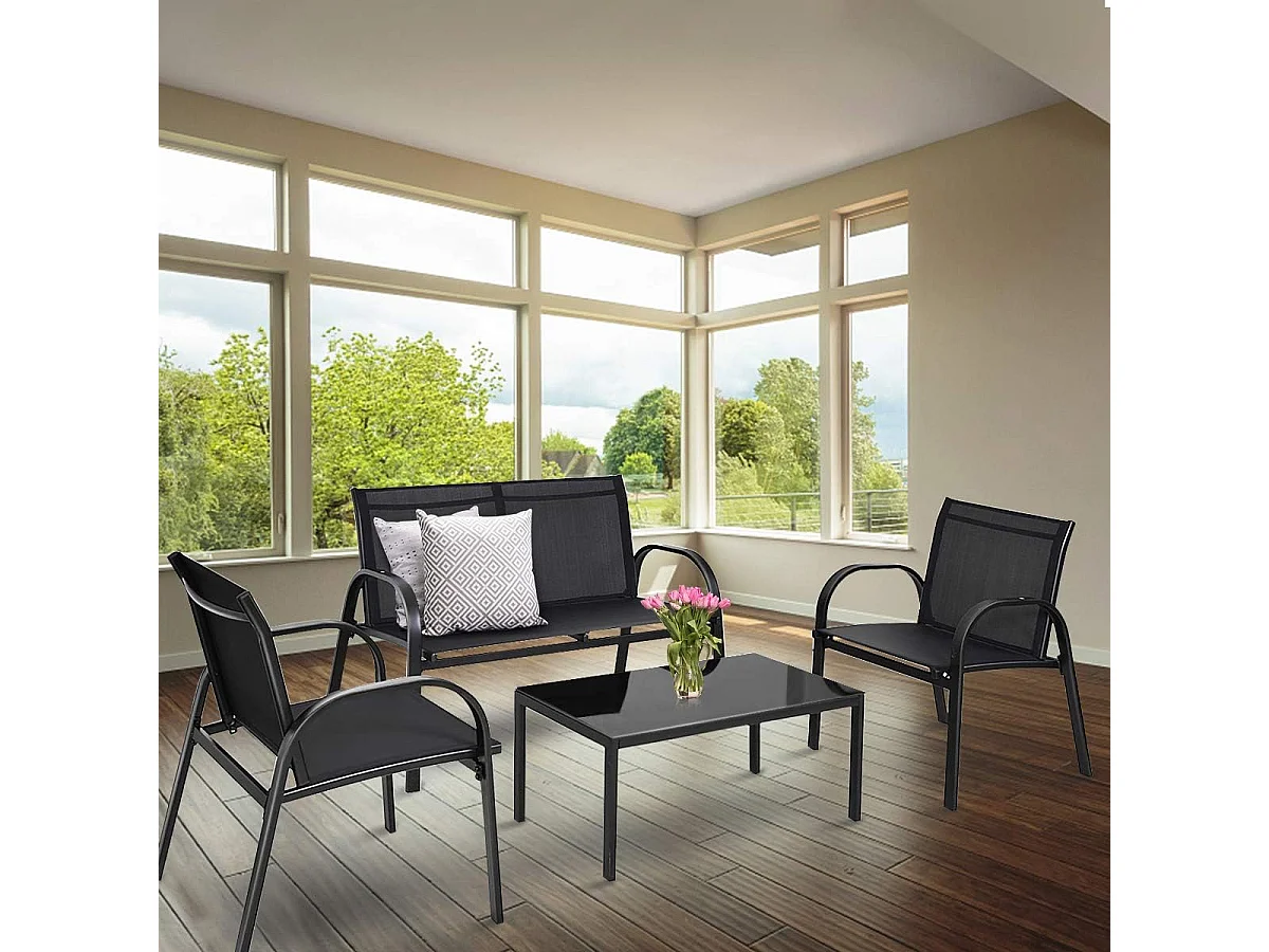 Salon de Jardin 4 Places 4 Pièces en Textilène avec 2 Chaises 1 Banc et 1 Table Basse Vitrée Cadre en Métal pour Baclon/Terrasse/Patio, Noir