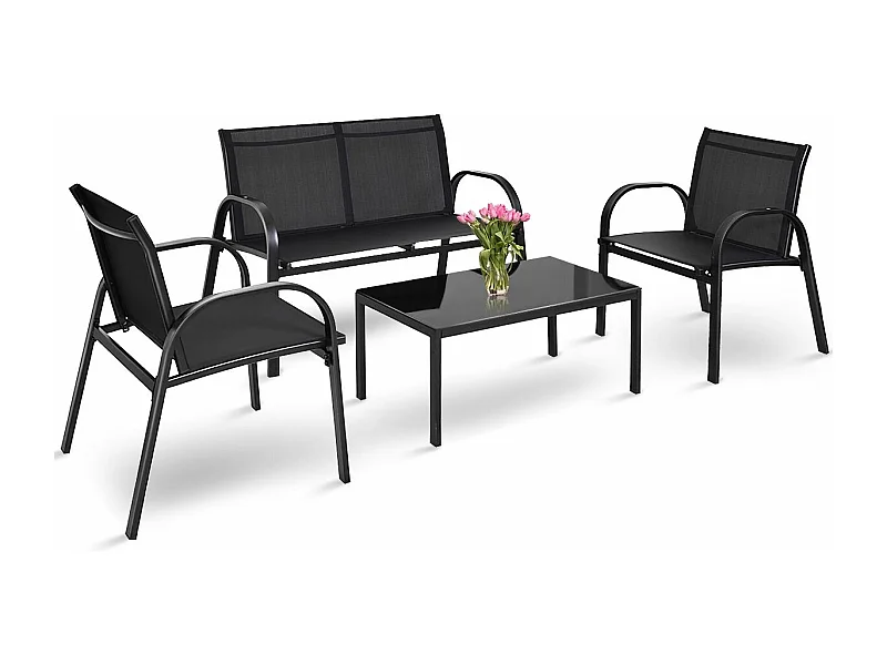 Salon de Jardin 4 Places 4 Pièces en Textilène avec 2 Chaises 1 Banc et 1 Table Basse Vitrée Cadre en Métal pour Baclon/Terrasse/Patio, Noir